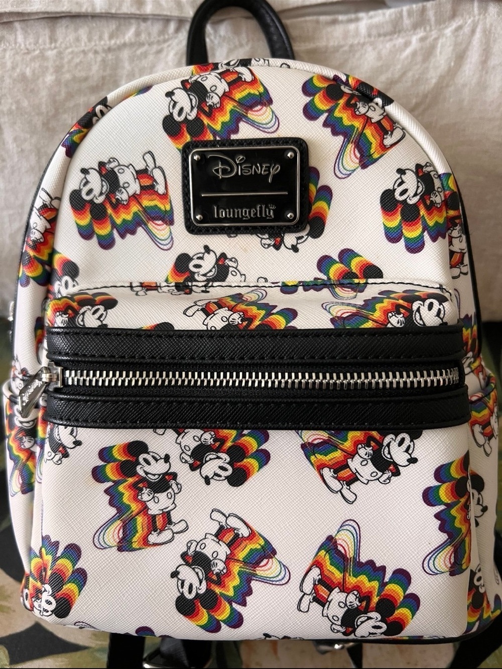 Disney Loungefly White Rainbow Mickey Mouse Backpack & Fanny
